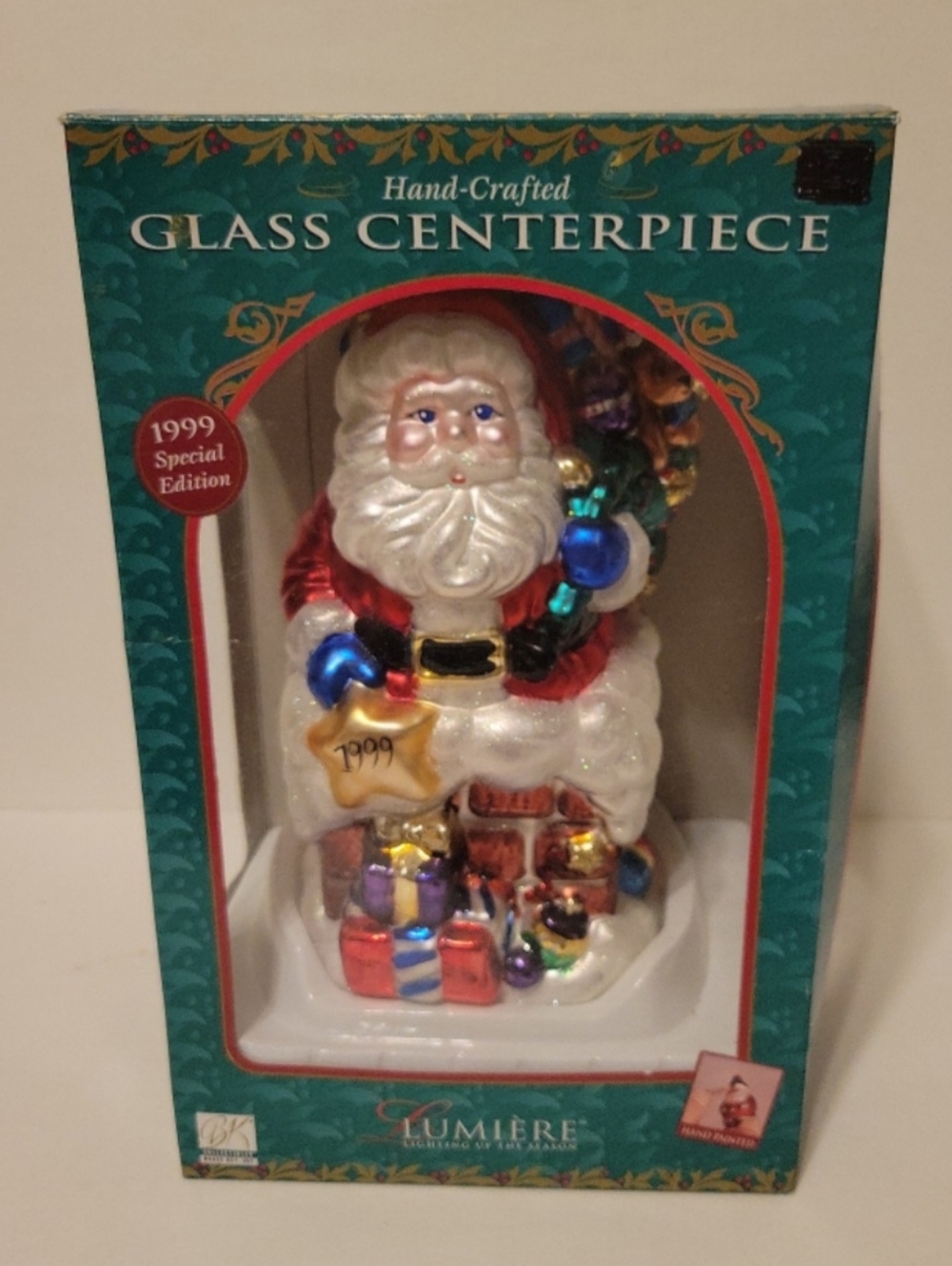 Vintage 1999 Lumiere Hand-Crafted Glass Centerpiece Santa - White & Red, In Box